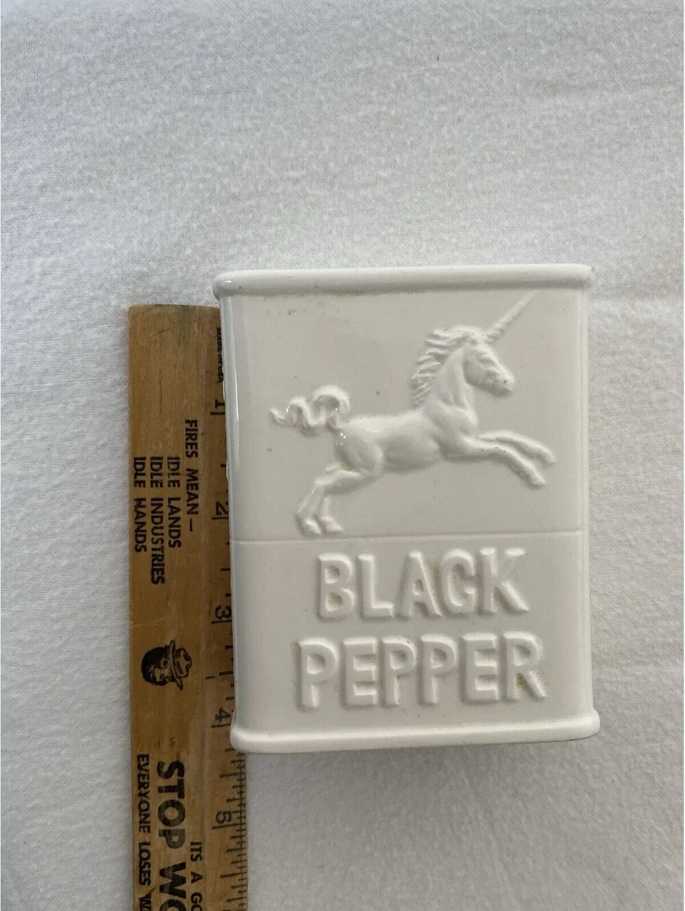 Morton Haldon Group Black Pepper Shaker Box White Ceramic Unicorn Vintage